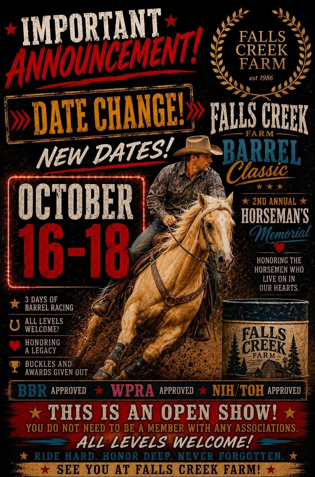 Falls Creek Farm Barrel Classic Race #3 Horseman's Memorial flyer