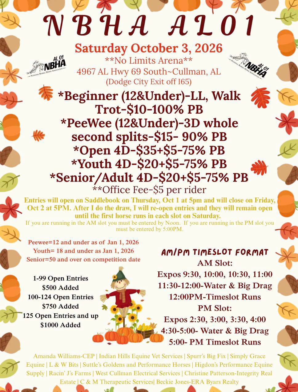 AL01 NBHA Up to $1000 added-AM/PM Timeslot Race-No Limits Arena flyer